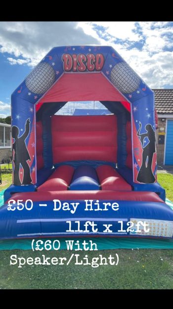 11ft x 12ft bouncy castle which comes with it's own speaker and lights for an extra fee.