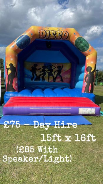 15ft x 16ft medium sized bouncy castle which comes with it's own lights and speakers for an extra fee.