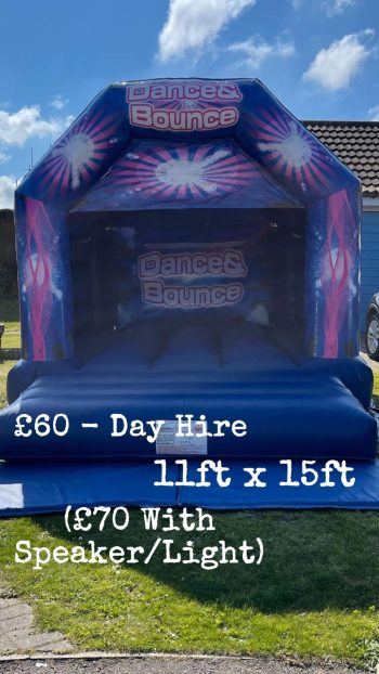 11ft x 15ft medium sized bouncy castle which comes with it's own lights and speakers for an extra fee.
